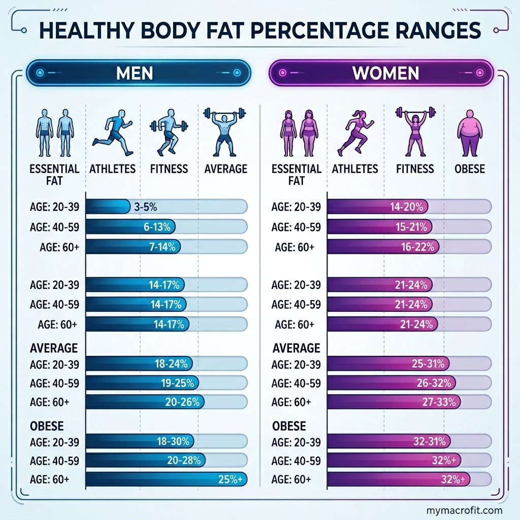 Body fat percentage chart, healthy ranges for men and women from essential fat to obese categories