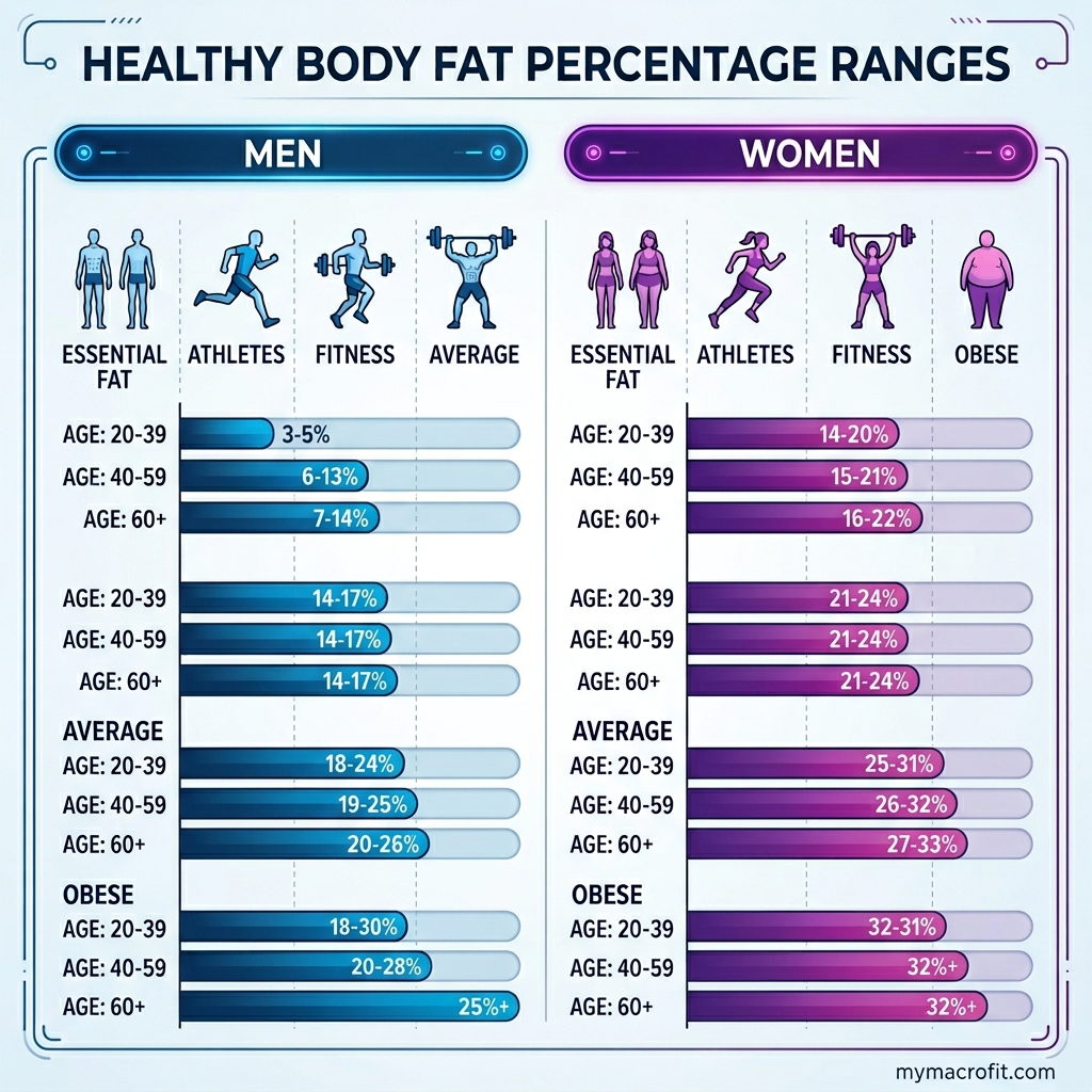 Body fat percentage chart — healthy ranges for men and women from essential fat to obese categories