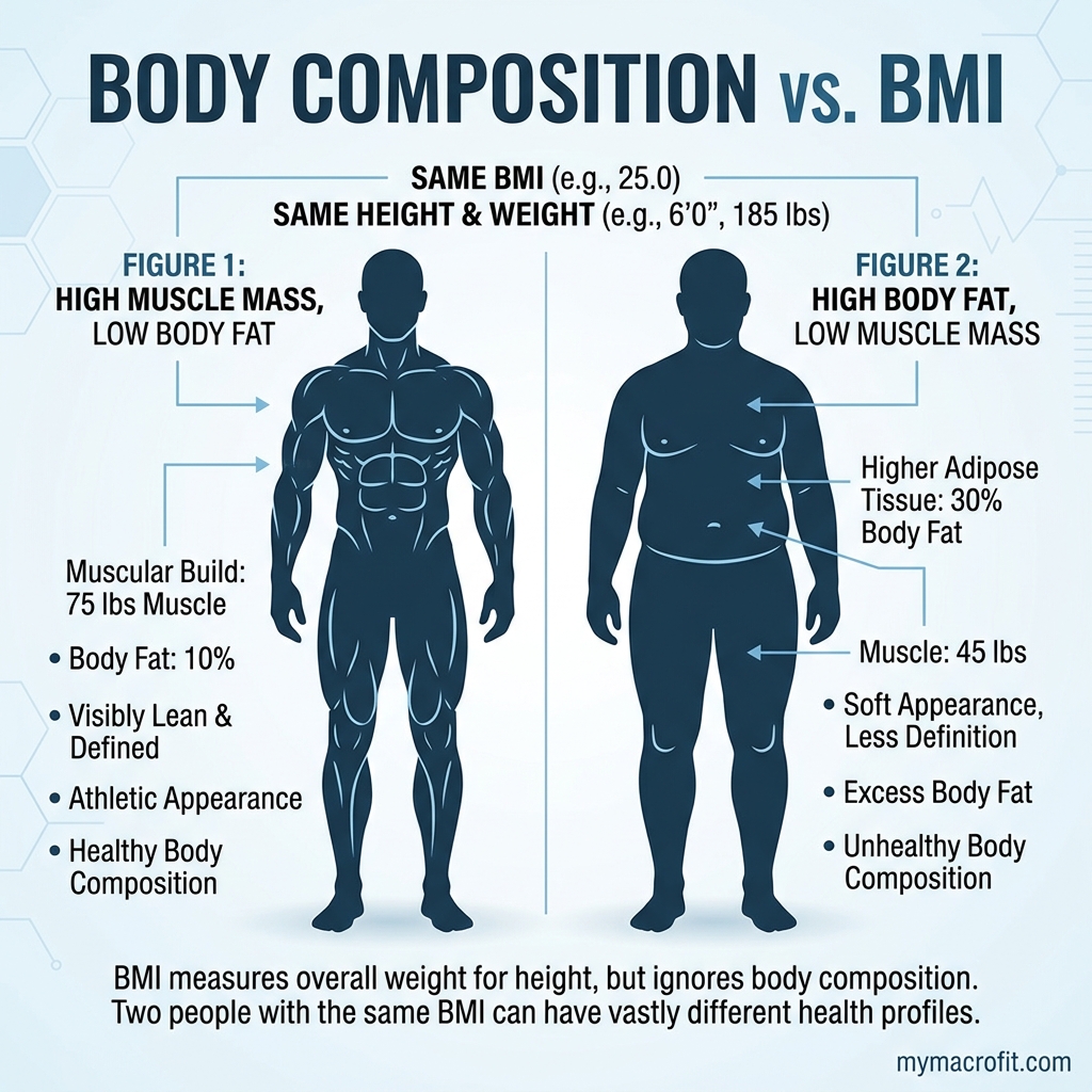 Body composition guide infographic — fat mass vs lean mass breakdown, body fat ranges for men and women, and measurement methods