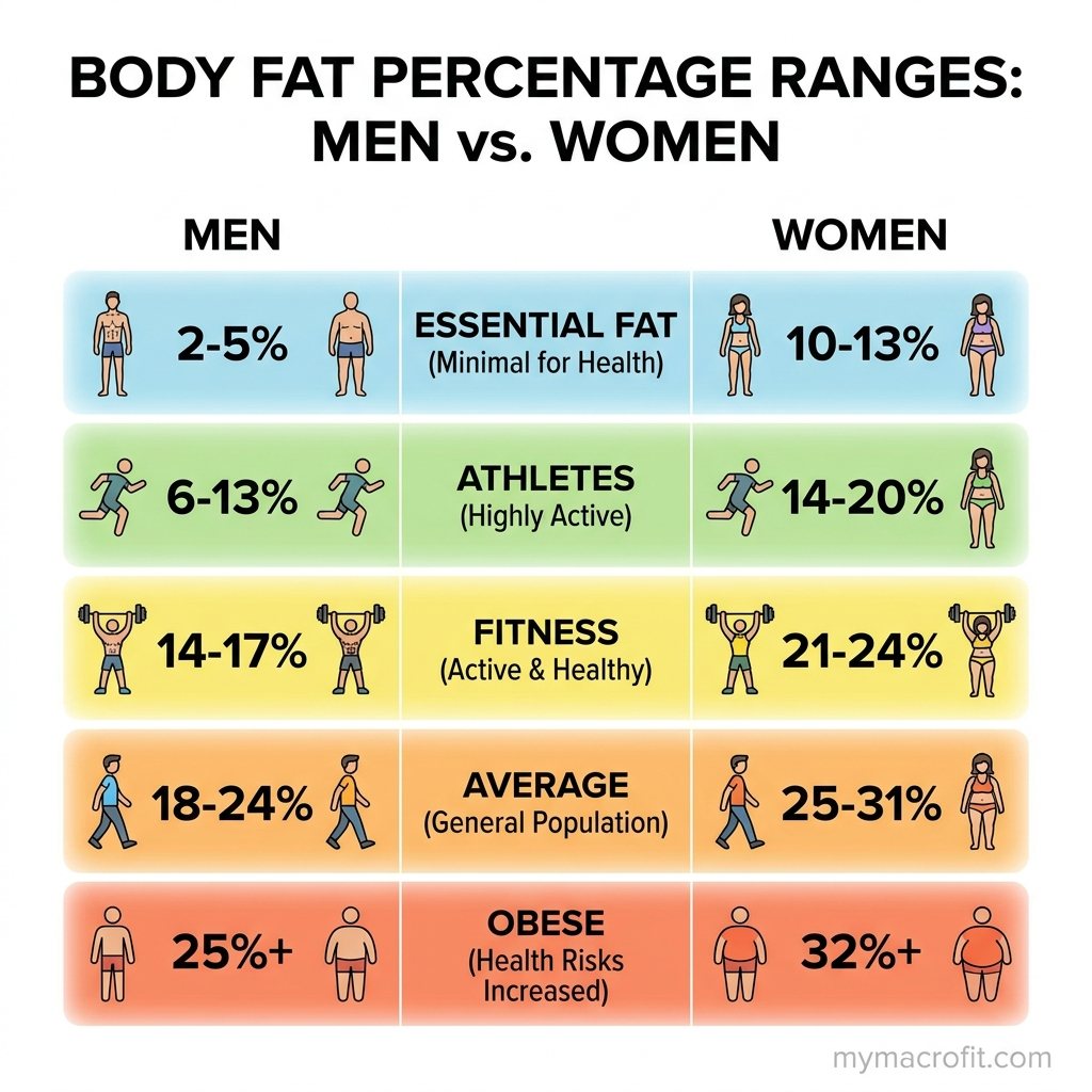 Body fat percentage ranges for men and women, athletic, fitness, acceptable and obese categories