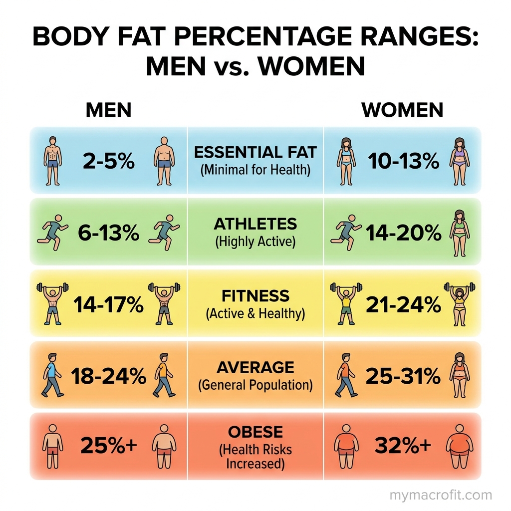 Body fat percentage ranges for men and women, athletic, fitness, acceptable and obese categories