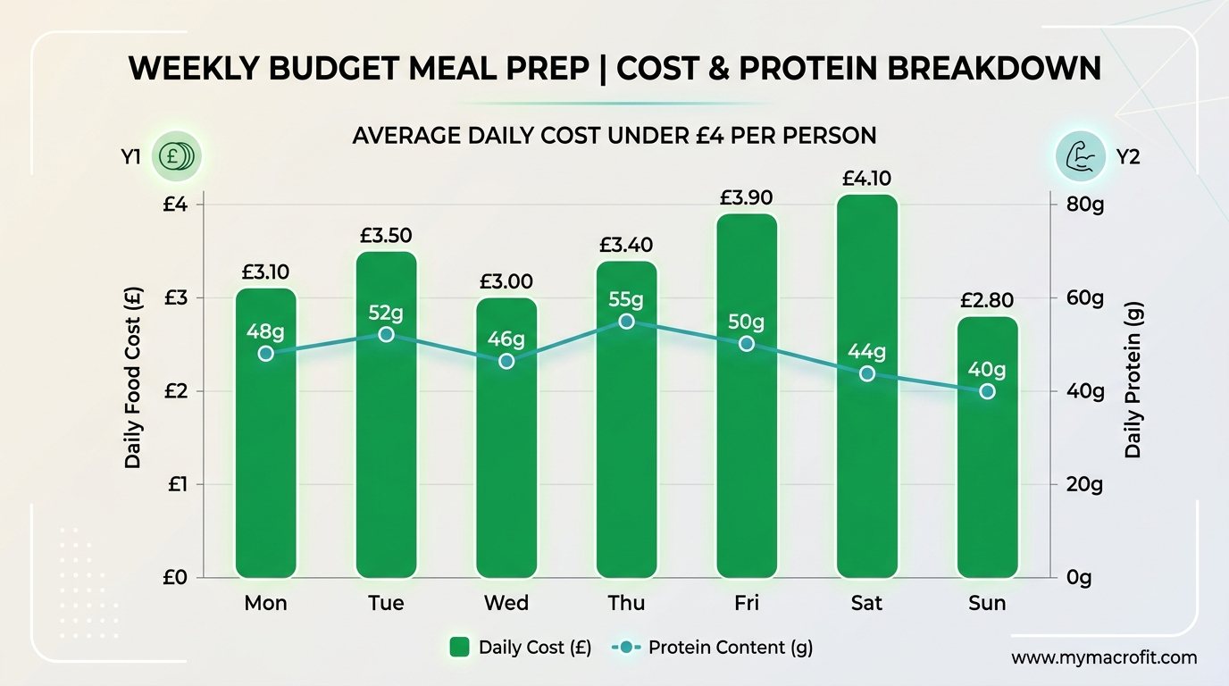Budget meal prep weekly cost breakdown, showing daily food cost and protein content for each day