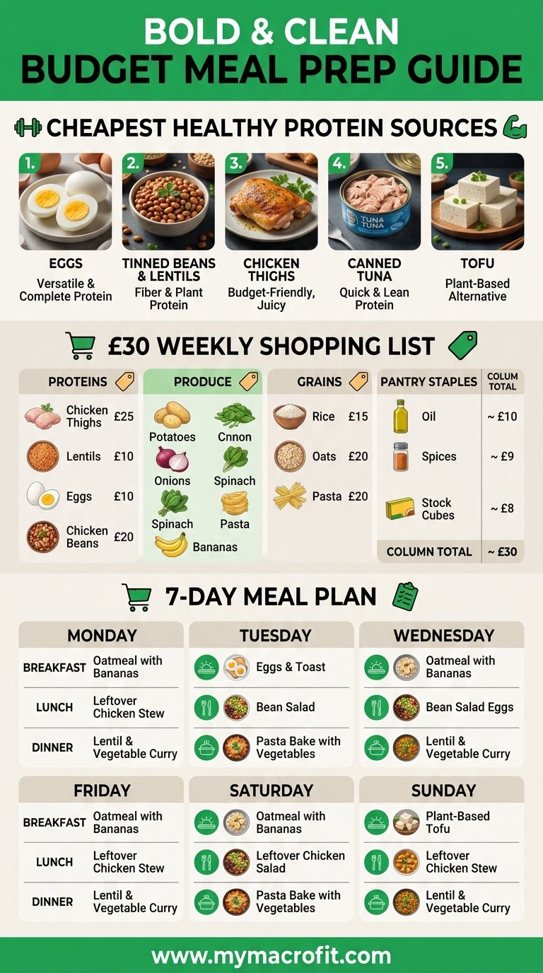 Budget meal prep guide, cheapest healthy protein sources, 30 pound weekly shopping list, and 7-day meal plan
