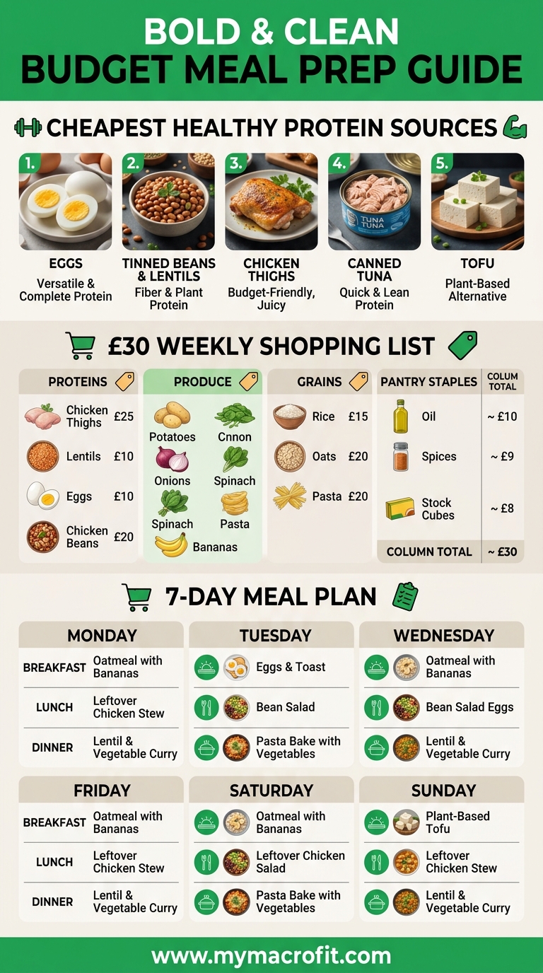 Budget meal prep guide, cheapest healthy protein sources, 30 pound weekly shopping list, and 7-day meal plan