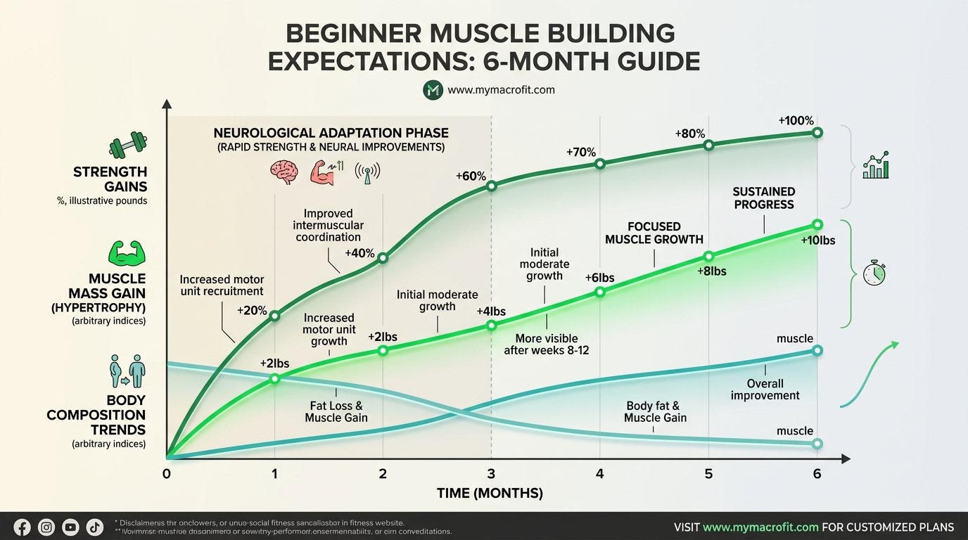 Beginner muscle building expectations, showing muscle gain timeline, strength progression, and body composition changes over 6 months