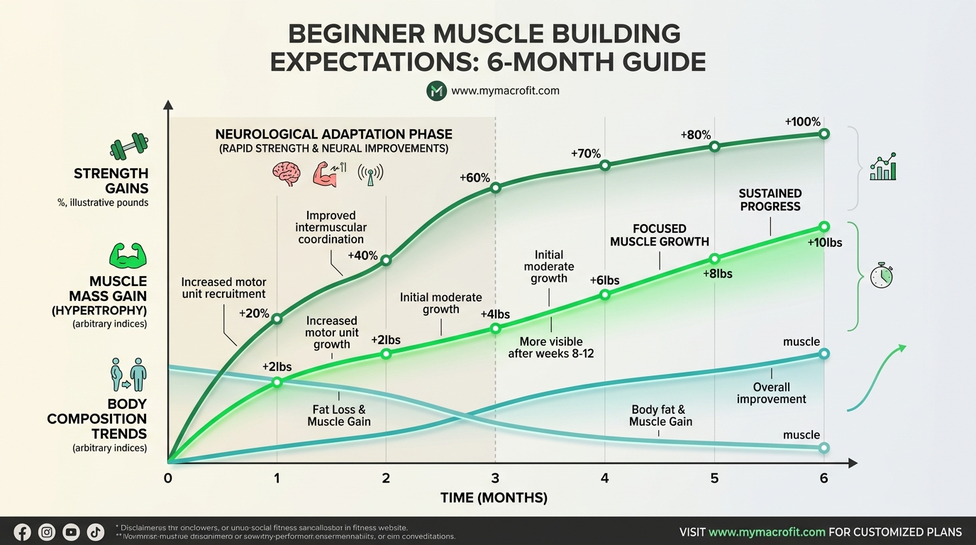 Beginner muscle building expectations, showing muscle gain timeline, strength progression, and body composition changes over 6 months