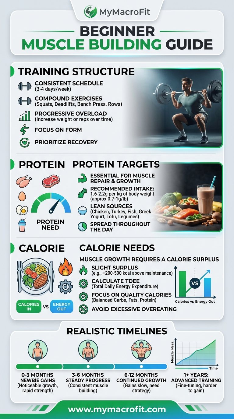 Beginner muscle building guide, training structure, protein targets, calorie needs, and realistic timelines