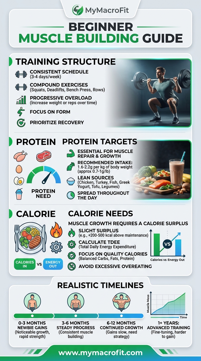 Beginner muscle building guide, training structure, protein targets, calorie needs, and realistic timelines