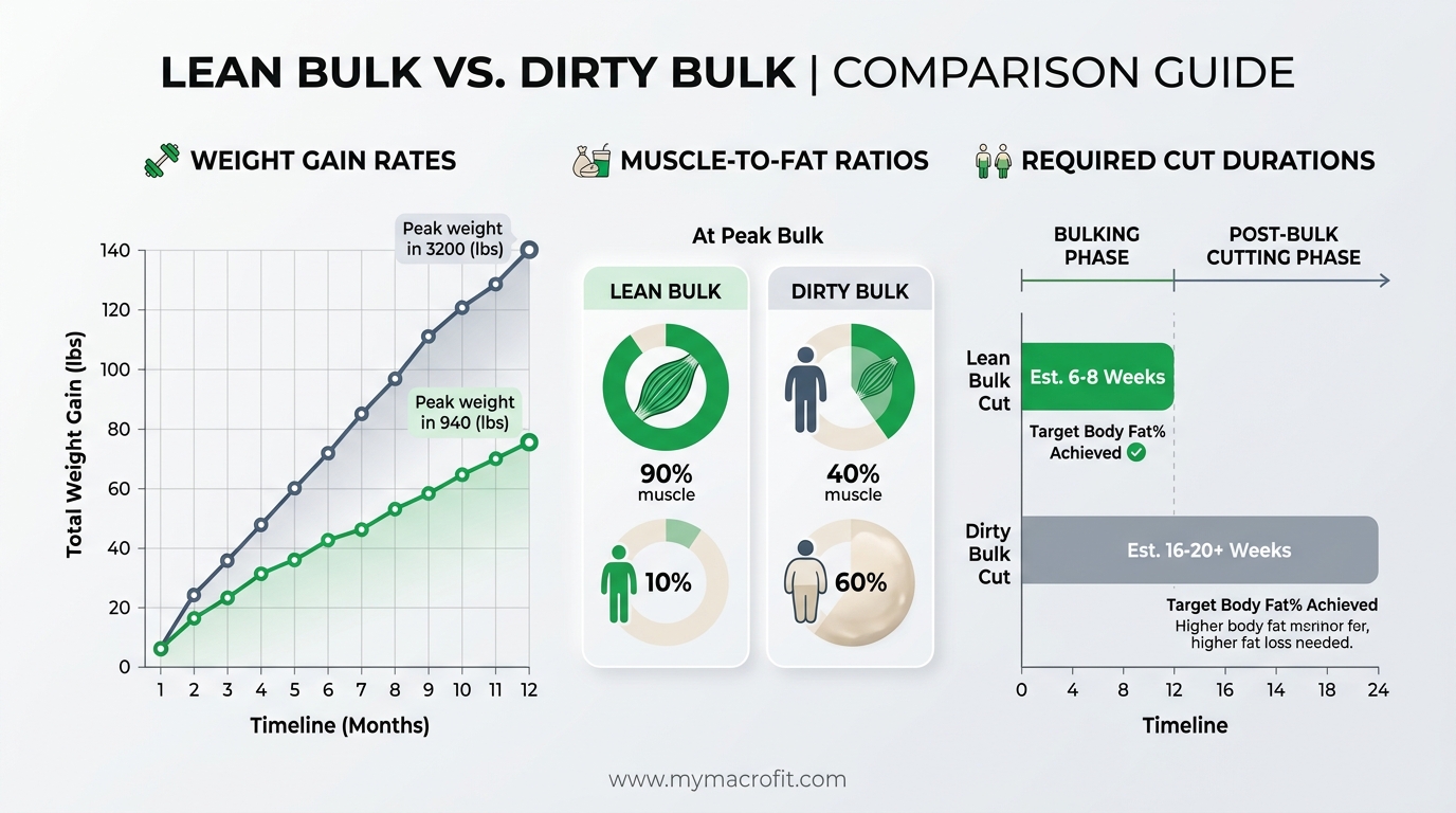Lean bulk vs dirty bulk comparison, weight gain rate, muscle to fat ratio, cut duration required, and total timeline