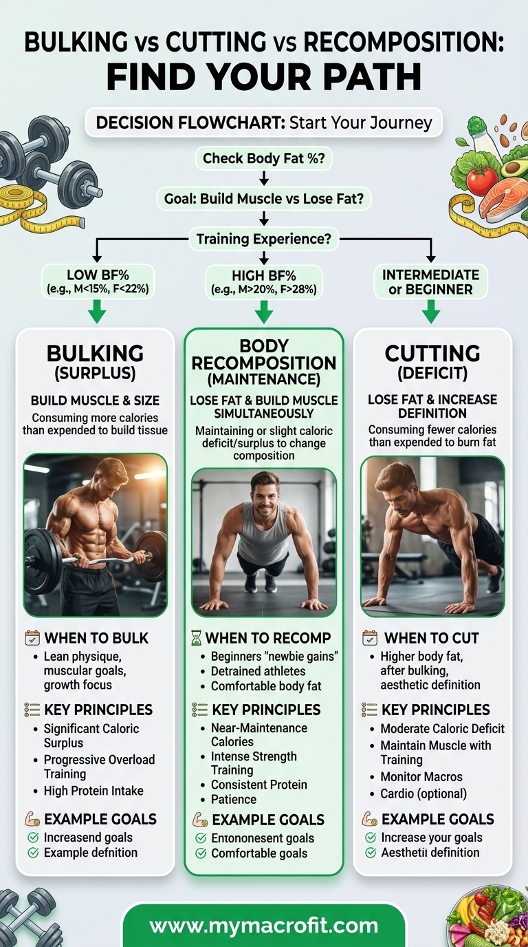 Bulking vs cutting guide, when to bulk, when to cut, how to decide, and body recomposition as a third option