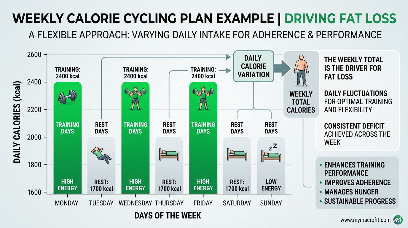 Calorie cycling weekly plan example, showing daily calorie distribution for training vs rest days and weekly total