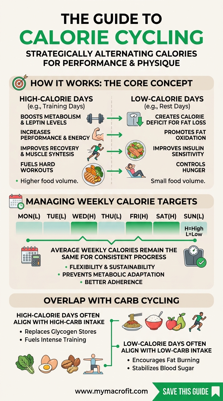 Calorie cycling guide, how to structure high and low calorie days, weekly calorie targets, and carb cycling overlap
