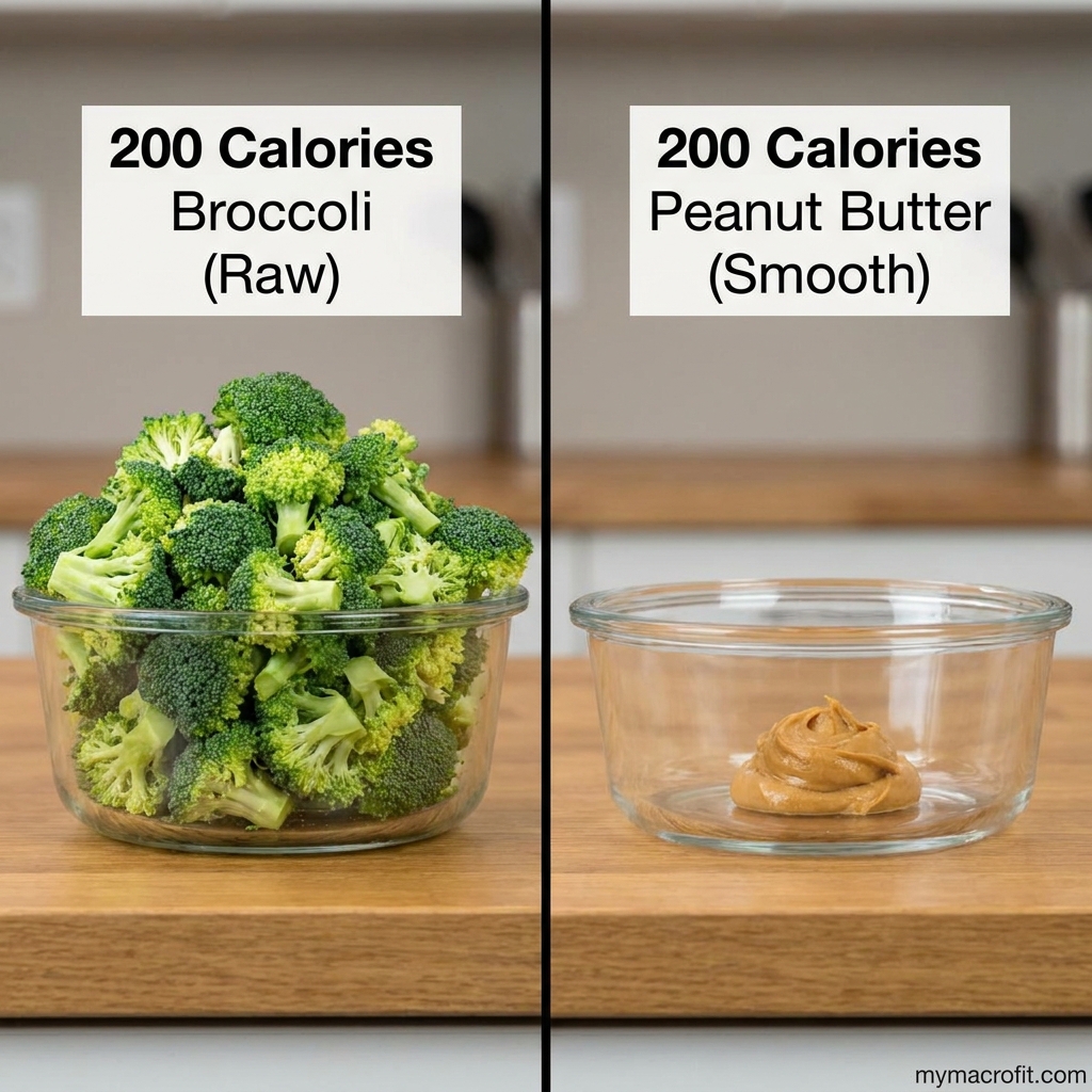 High-volume low-calorie foods ranked by calories per 300g serving, vegetables, fruit and protein sources compared