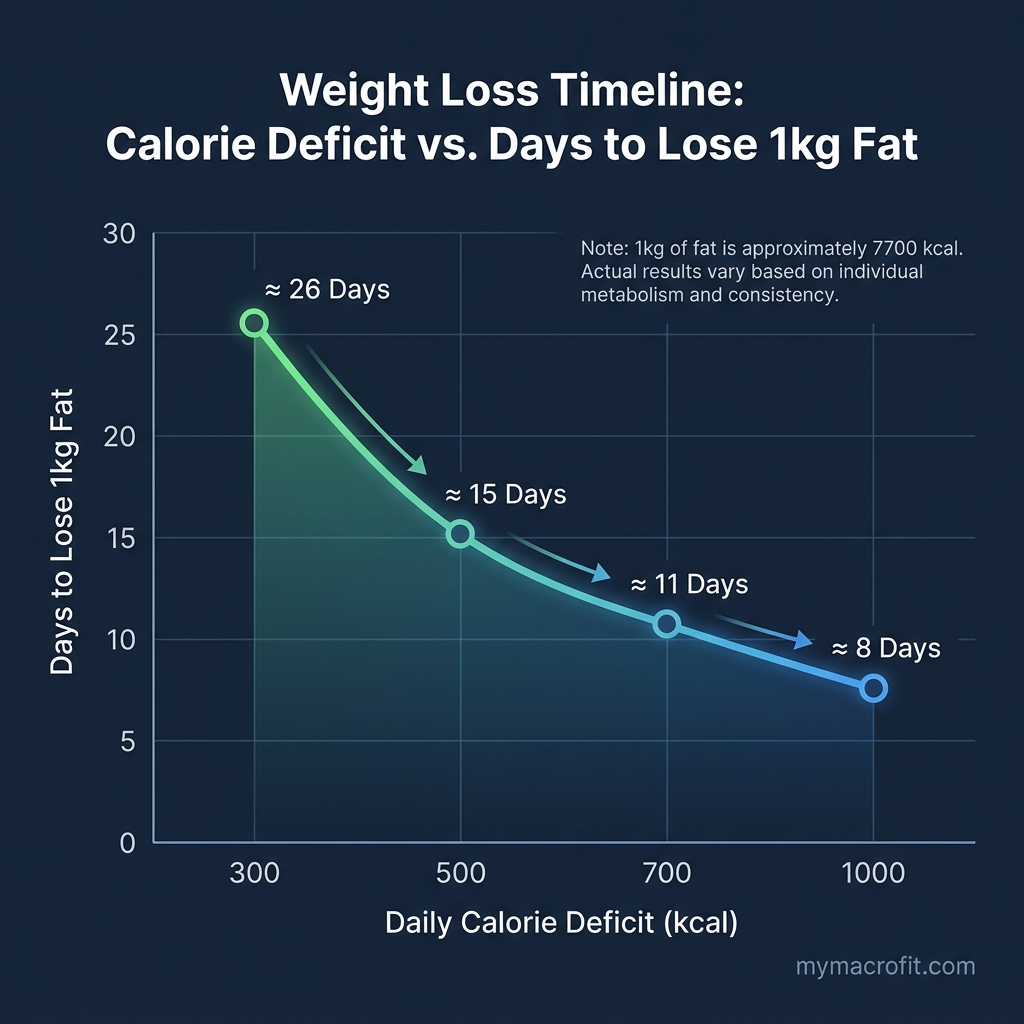 Calorie deficit size chart, daily deficit from 200 to 1000+ kcal vs expected weekly weight loss rate