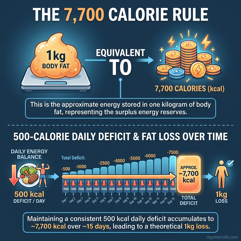 Calories to lose 1kg, the 7,700 kcal rule explained with a daily deficit timeline