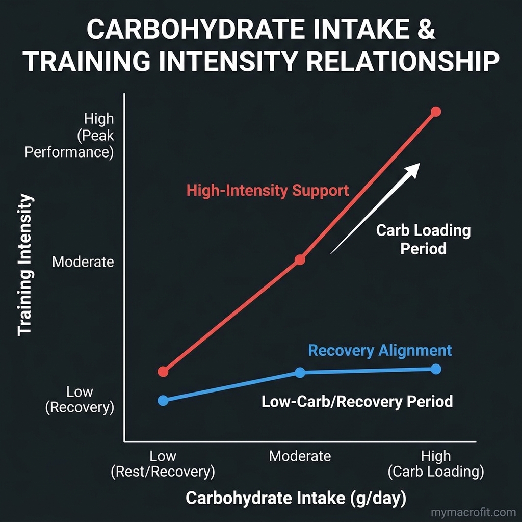 Carb cycling weekly schedule chart, daily carb intake, training type and calorie totals across a 7-day cycle