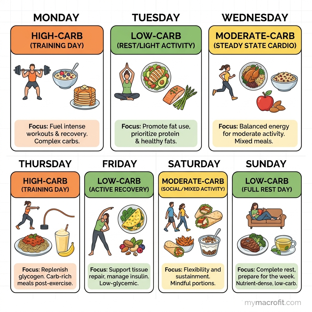 Carb cycling weekly plan for women, high carb training days vs low carb rest days