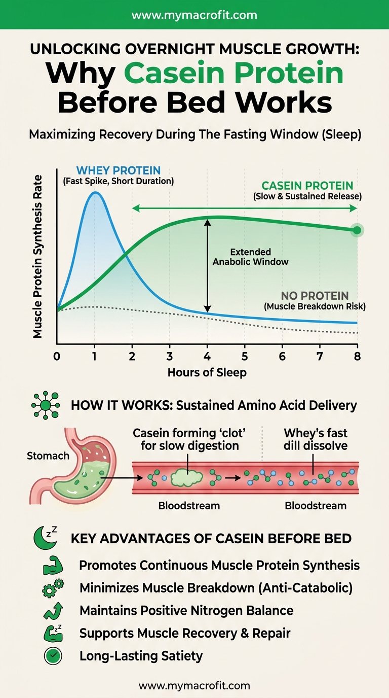 Casein protein before bed, how slow-release protein improves overnight muscle protein synthesis vs whey and no protein