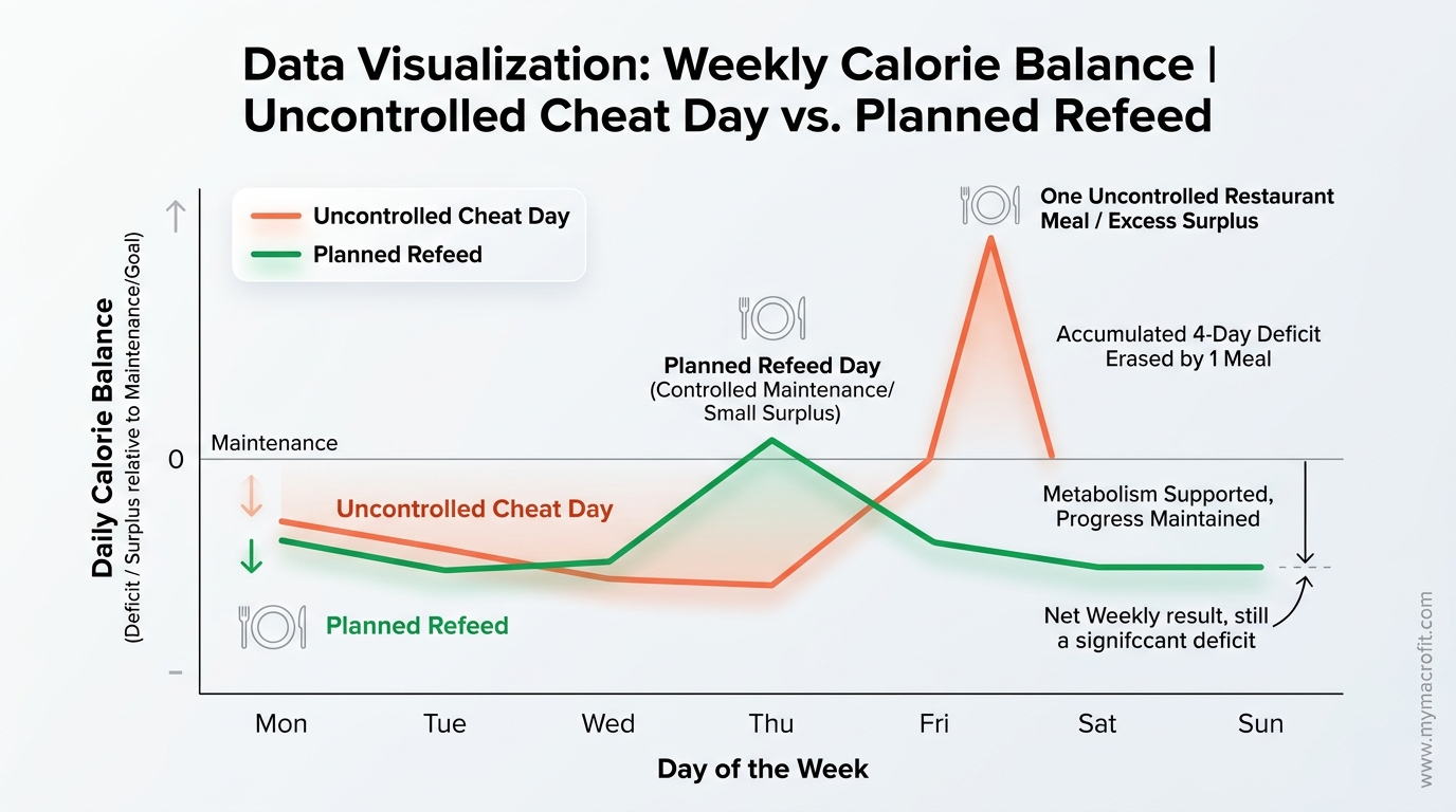 Cheat meal vs refeed impact on weekly calorie balance, showing how uncontrolled cheat days erase deficits vs planned refeeds
