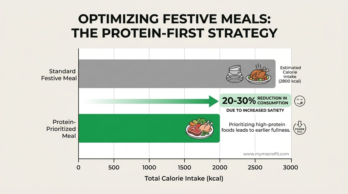 Christmas eating strategy, showing how protein-first approach reduces total calorie intake across festive meals