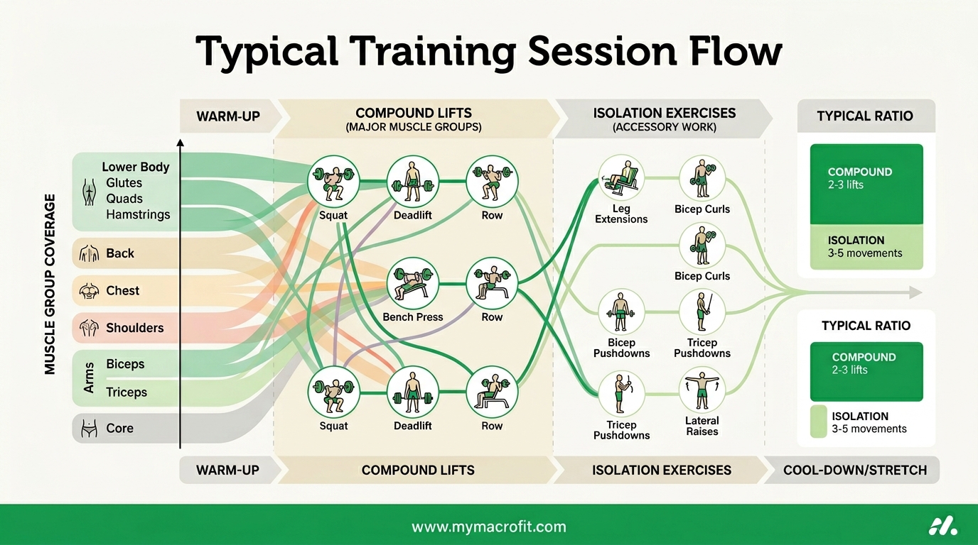 Training session structure, compound to isolation ratio, example session flow, and muscle group coverage