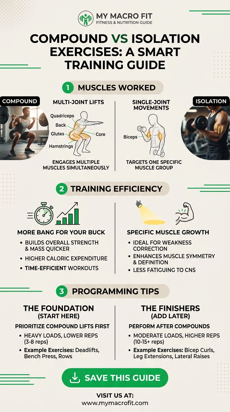 Compound vs isolation exercises, muscles worked, training efficiency, and how to combine them in a programme