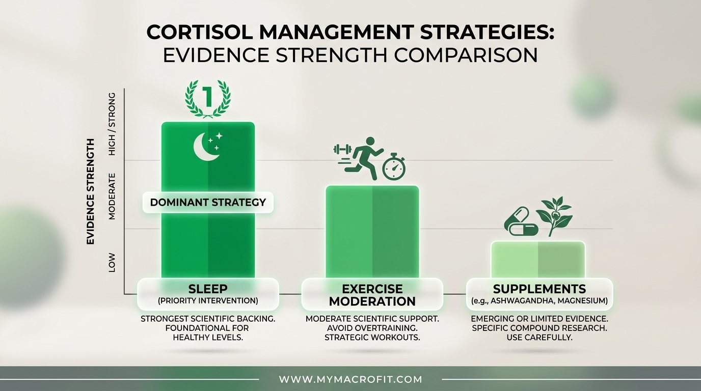 Cortisol management strategies and their evidence strength, sleep, deficit size, exercise moderation, stress management and supplements