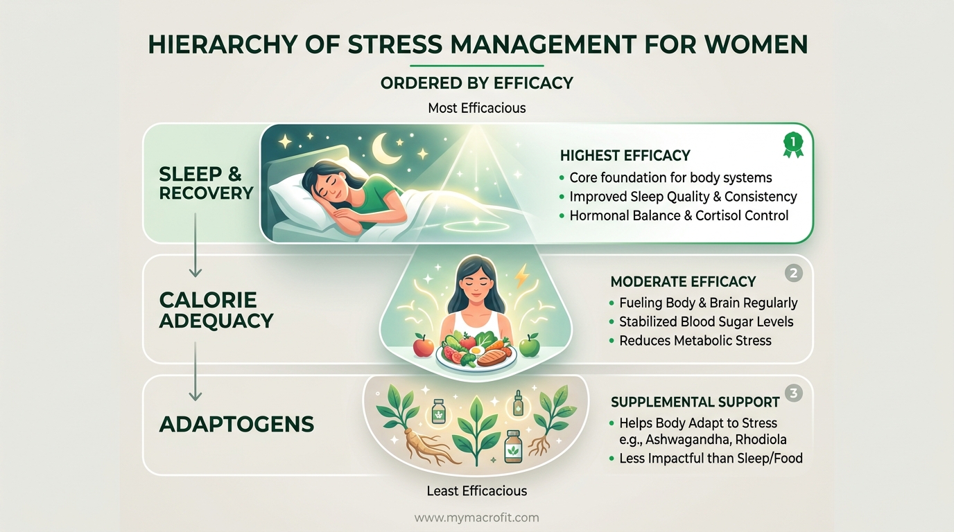Cortisol management strategies evidence strength, sleep, exercise moderation, calorie adequacy, adaptogens and stress source reduction