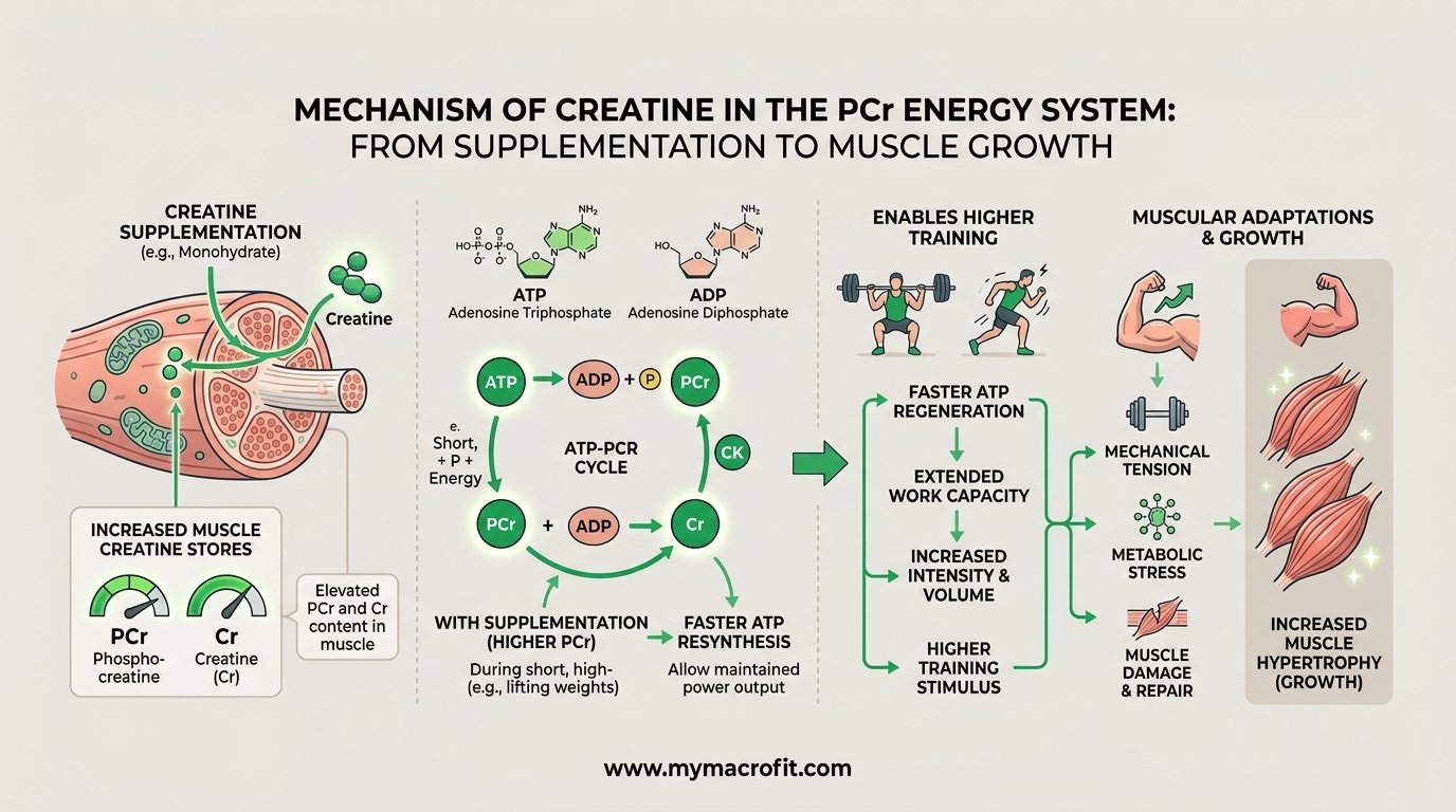 Creatine mechanism diagram, PCr energy system, supplementation effects on muscle stores, and pathway to muscle growth
