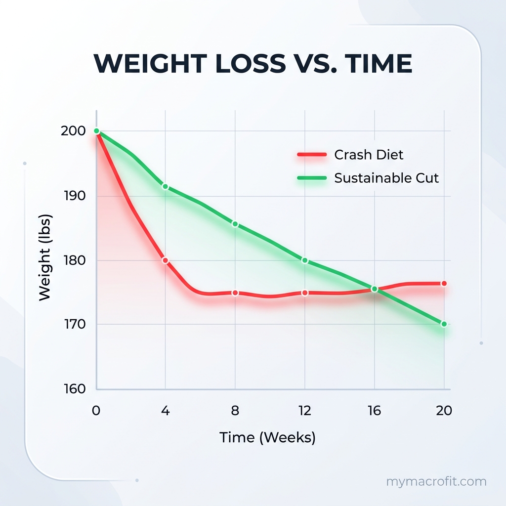 Cutting diet plan chart — comparison of deficit size, weekly fat loss rate and muscle loss risk