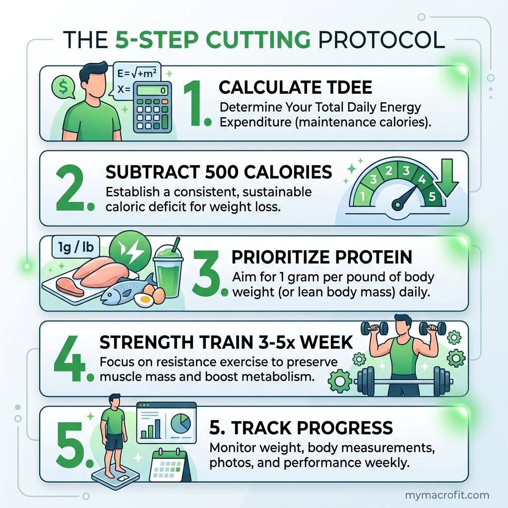 Cutting diet plan infographic, calorie deficit phases, macro targets and training structure overview