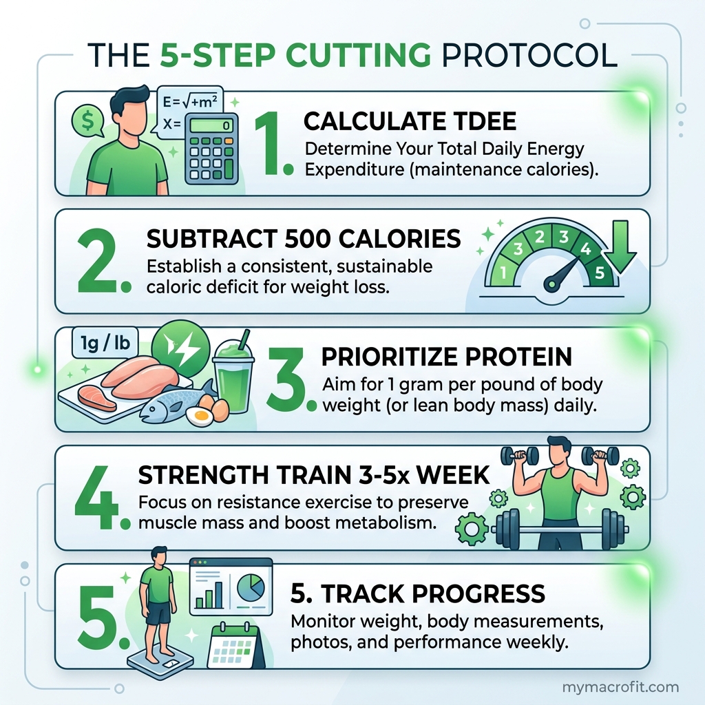 Cutting diet plan infographic — calorie deficit phases, macro targets and training structure overview
