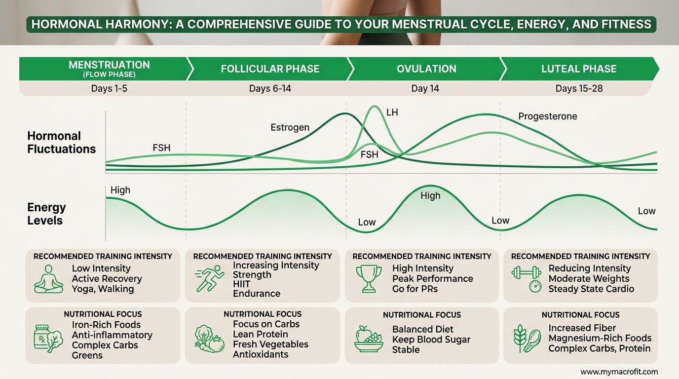 Menstrual cycle hormones and energy levels across four phases, with corresponding training and nutrition adjustments