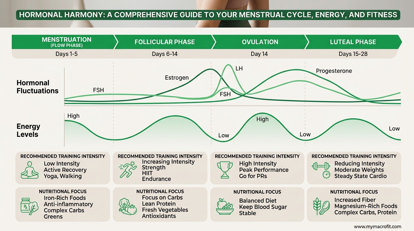 Menstrual cycle hormones and energy levels across four phases, with corresponding training and nutrition adjustments