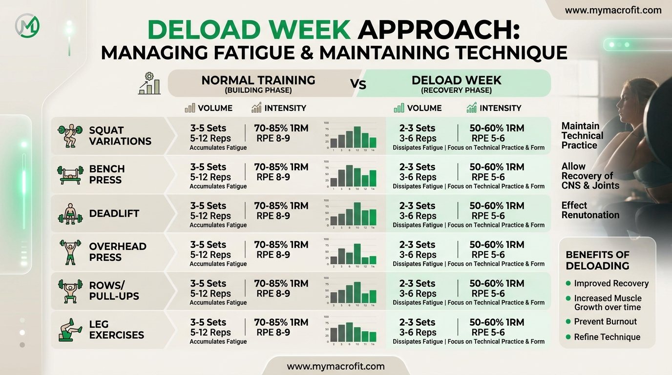 Deload week programming, showing volume reduction approach with example exercises at deload intensity vs normal training