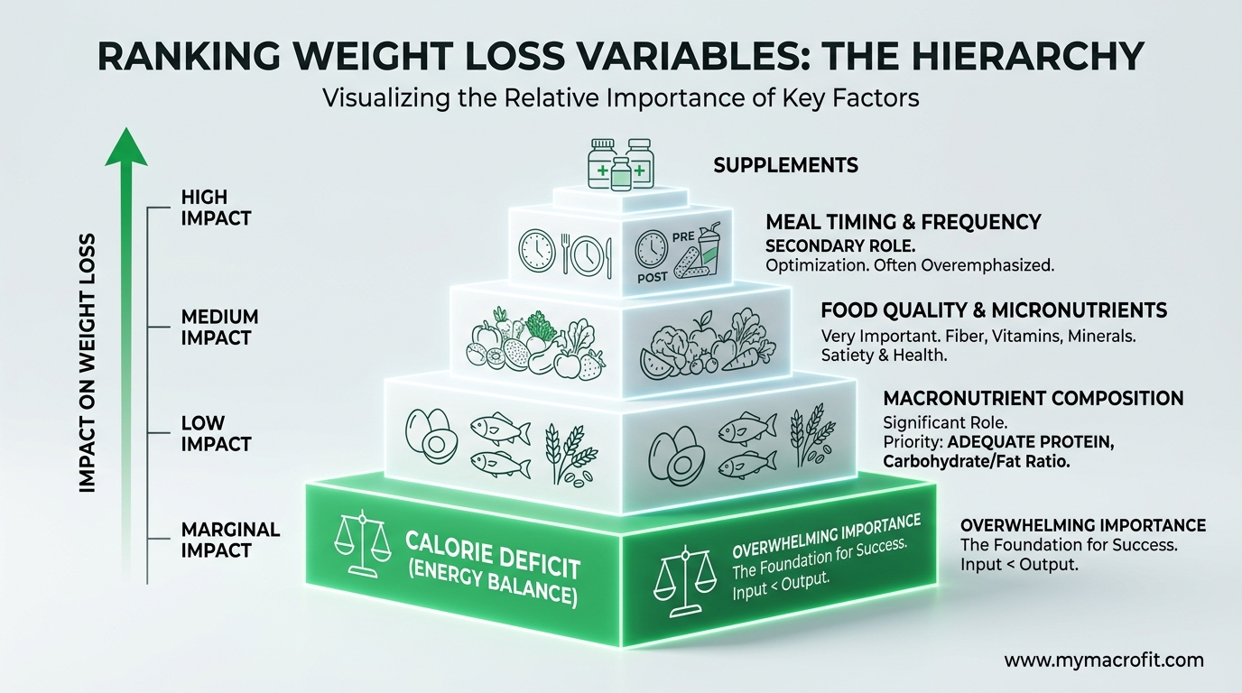 Meal timing and weight, showing the relative importance of total calories vs timing for fat loss outcomes