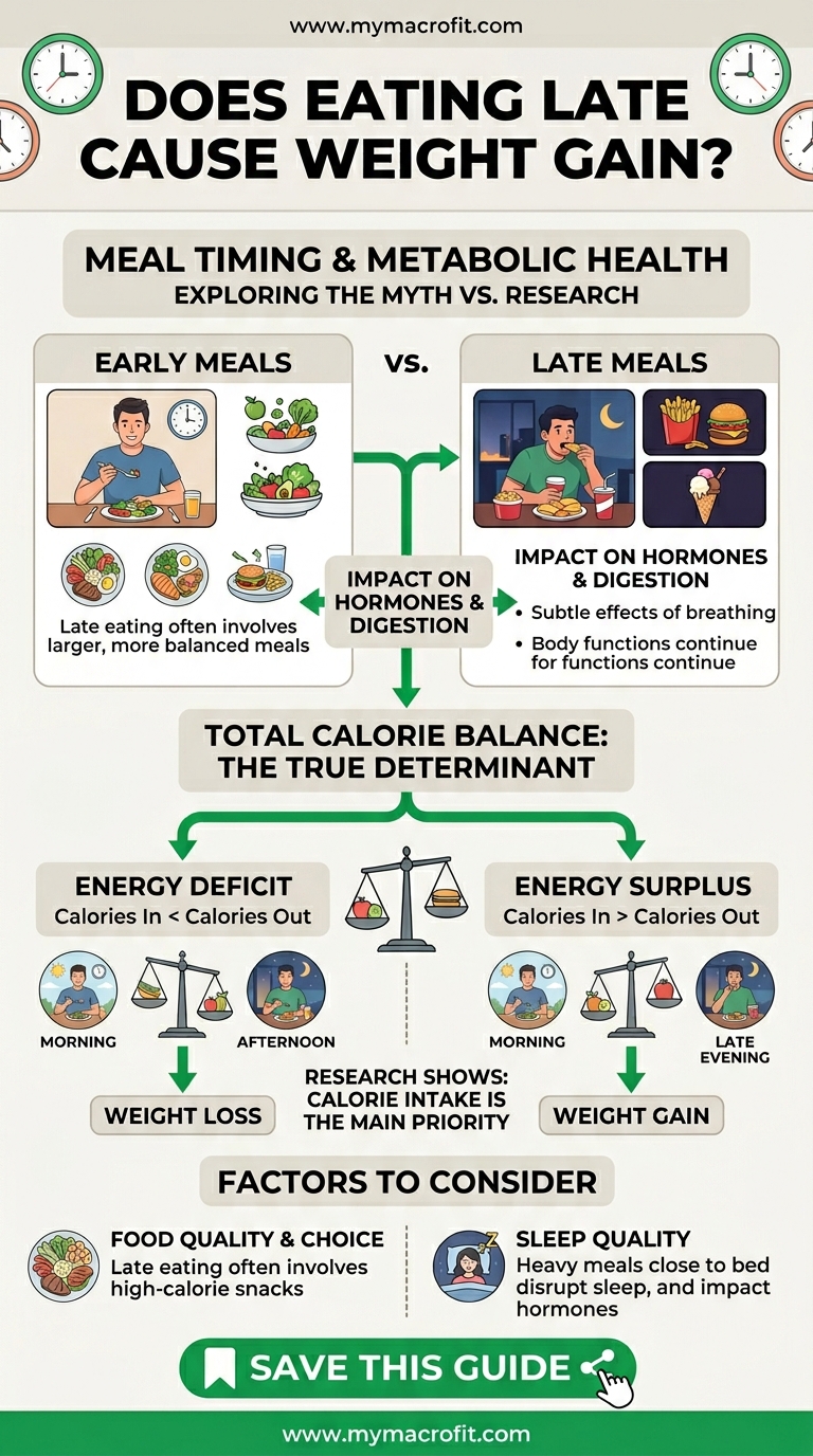 Late night eating and weight gain, what the research shows about meal timing, calorie balance, and when timing matters