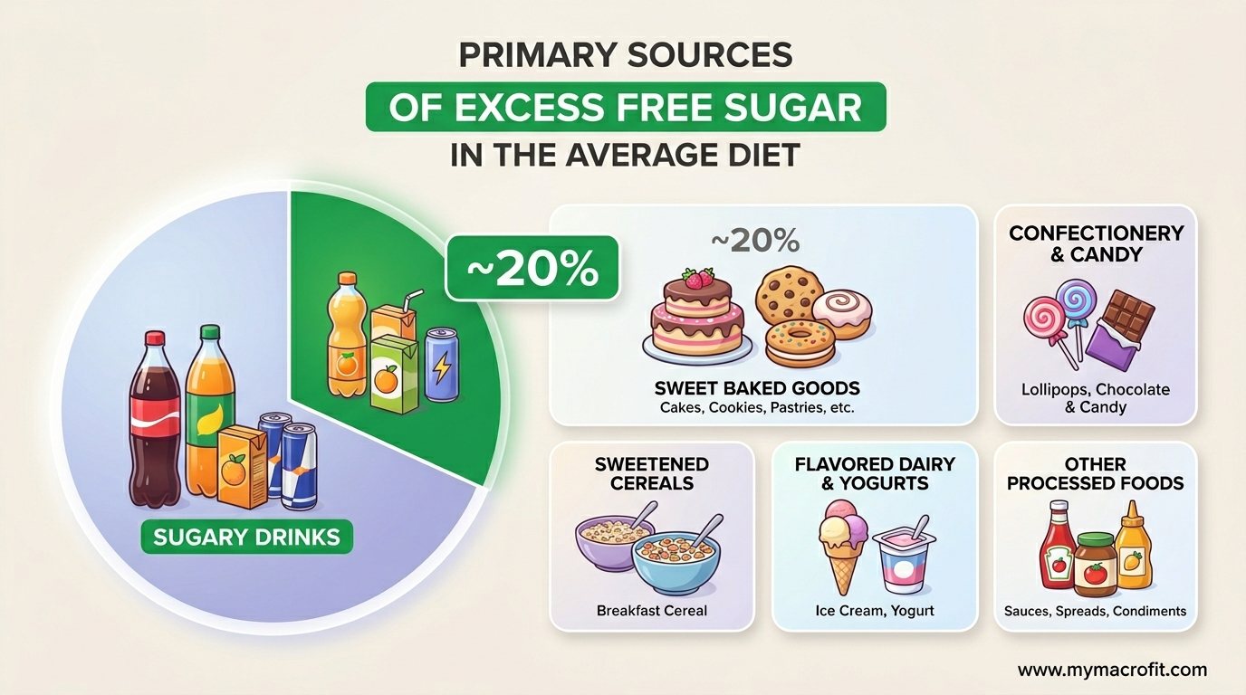UK free sugar intake sources, breakdown of where excess sugar comes from in the average diet