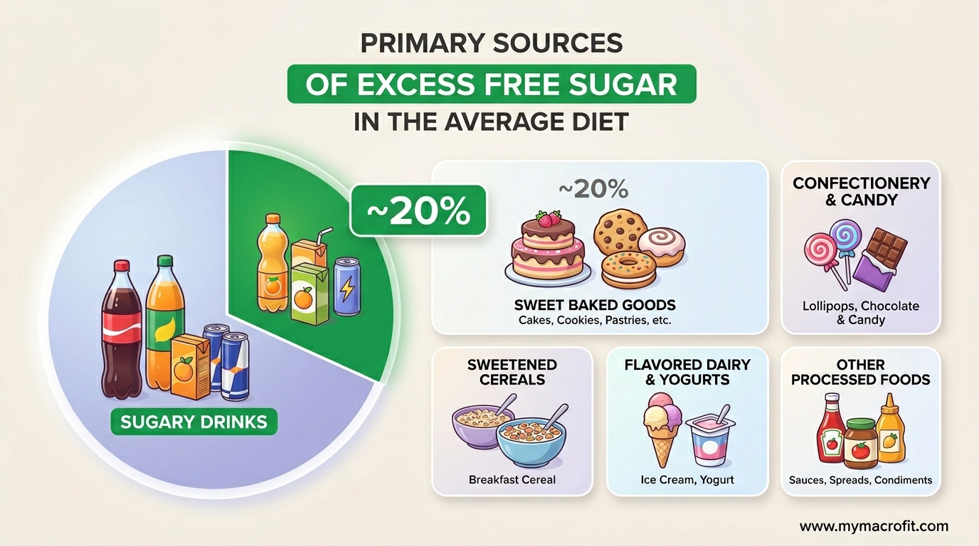 UK free sugar intake sources, breakdown of where excess sugar comes from in the average diet