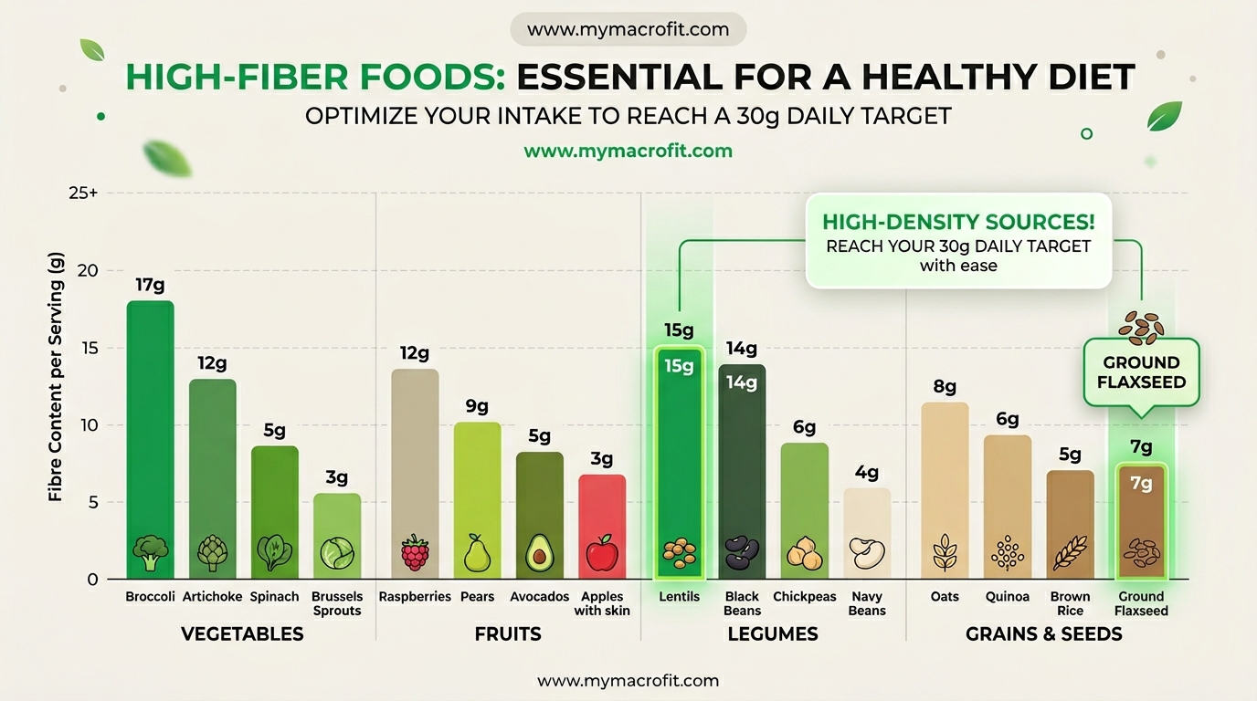 High fibre foods list, fibre content per serving across vegetables, fruits, legumes and grains