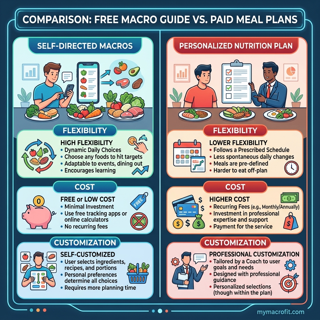 Free Macro Guide vs Paid Meal Plans: What's the Difference? infographic