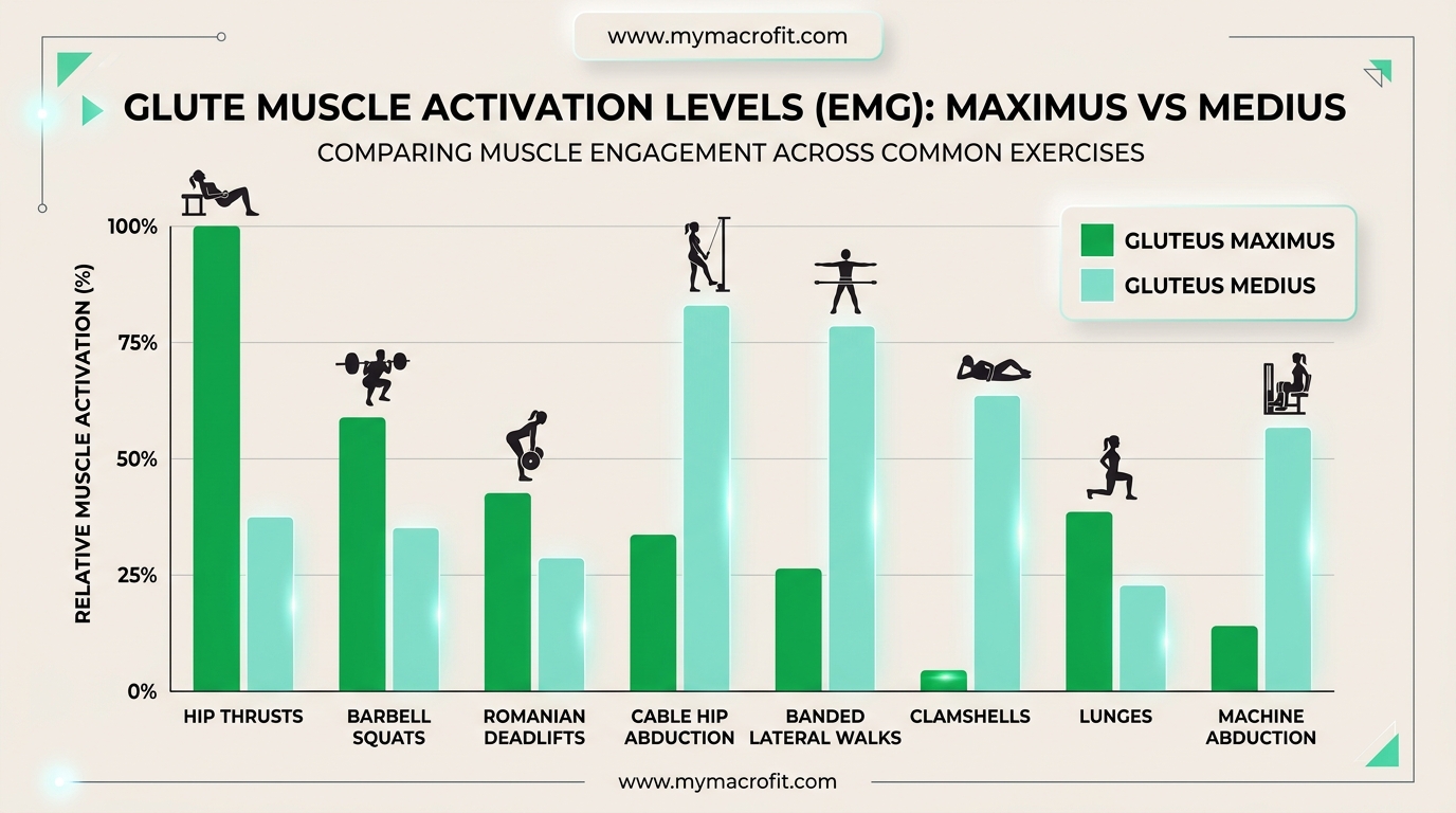 Glute exercise activation levels, gluteus maximus and medius activation percentages for key exercises
