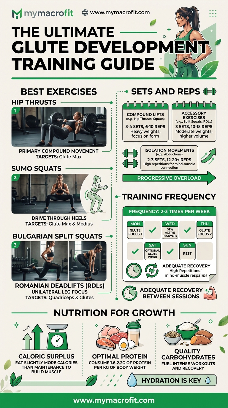 Glute training guide, best exercises, sets and reps, training frequency, and nutrition for glute building