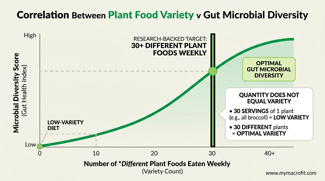 Gut microbiome diversity and health outcomes, showing correlation between plant food variety and microbial diversity