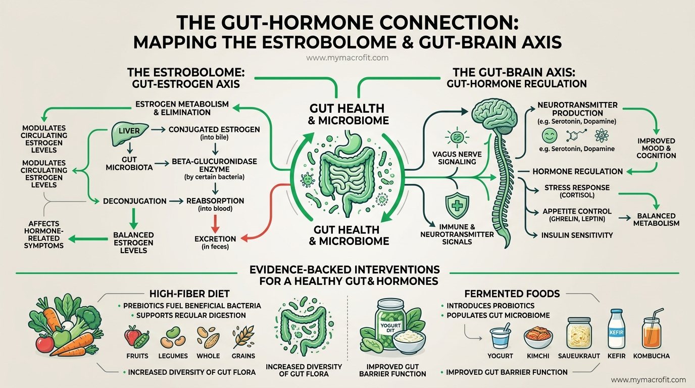 Gut health and hormone connection diagram, estrobolome, gut-brain axis, and dietary interventions with evidence strength