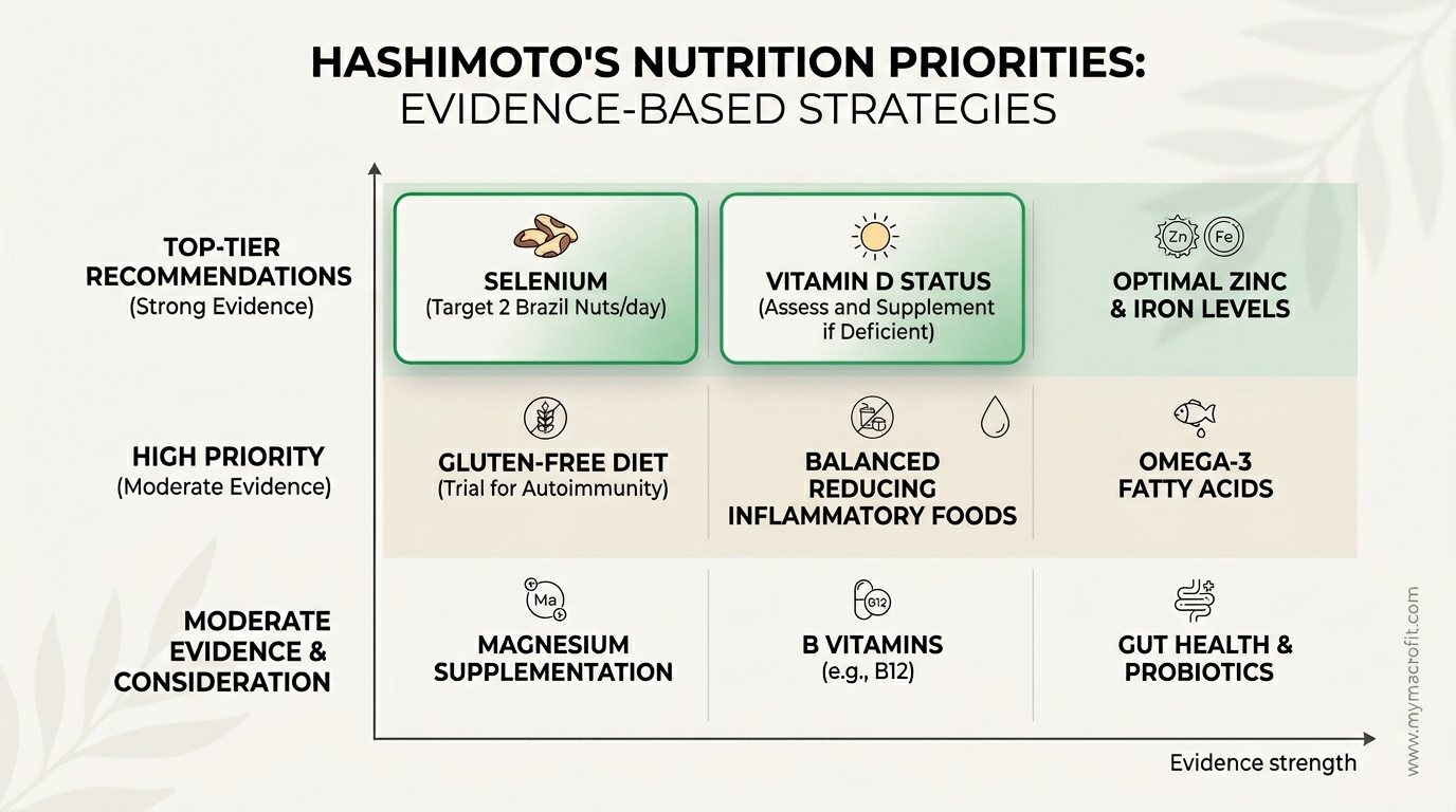 Hashimoto's nutrition priorities, key nutrients, evidence strength, and food sources for thyroid and autoimmune support