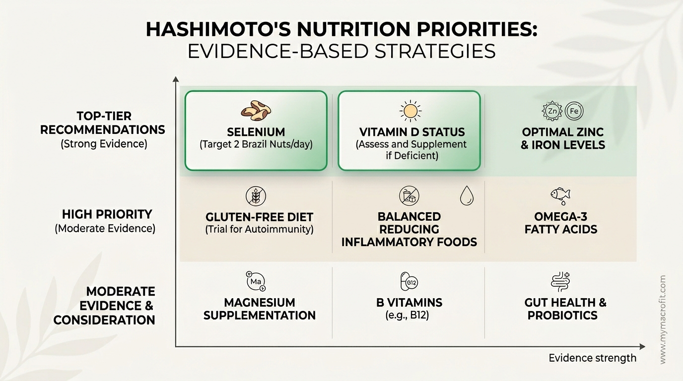 Hashimoto's nutrition priorities, key nutrients, evidence strength, and food sources for thyroid and autoimmune support