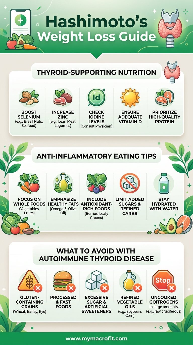 Hashimoto's weight loss guide, thyroid-supporting nutrition, anti-inflammatory eating, and what to avoid with autoimmune thyroid disease