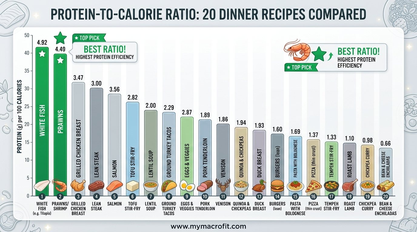 High protein dinner protein and calorie comparison, showing 20 recipes ranked by protein per calorie