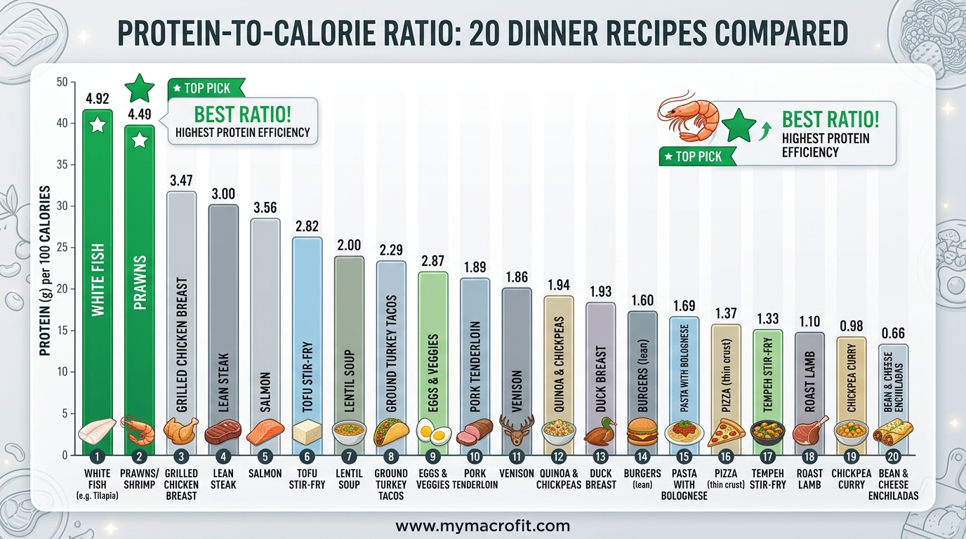 High protein dinner protein and calorie comparison, showing 20 recipes ranked by protein per calorie